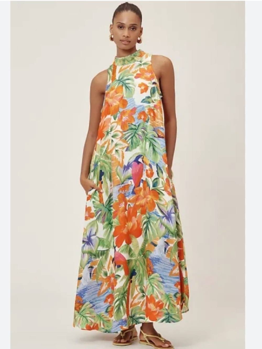 NWOT FARM Rio Tropical Halter Maxi Dress in Orange, Green, Blue